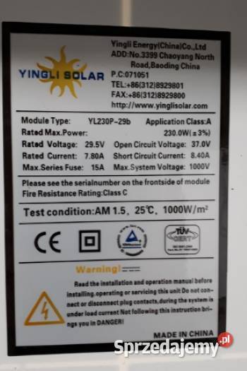 Używane panele fotowoltaiczne Yingli 230 W Kraków