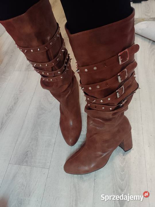 4142 Brązowe bogato zdobione ćwiekami Kozaki Kraków