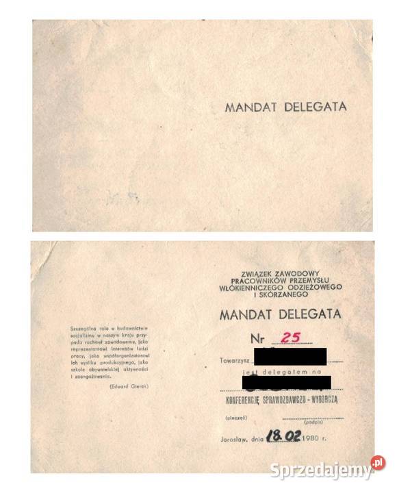 Mandat delegata związek zawodowy Jarosław 1980 podkarpackie