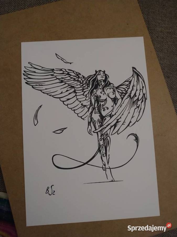 Rysunek diabelski anioł cienkopis blok tech A3 Warszawa