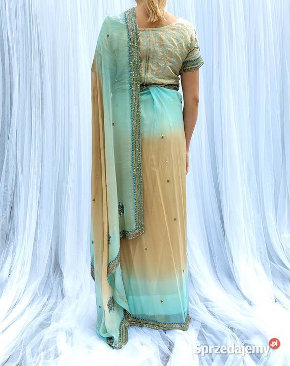 Piękne zdobione sari beż turkus koraliki saree Rozmiar 38(M)