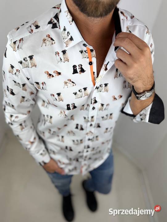DANIEL BESSI Koszula męska fb128 biała pieski Ostrów Wielkopolski
