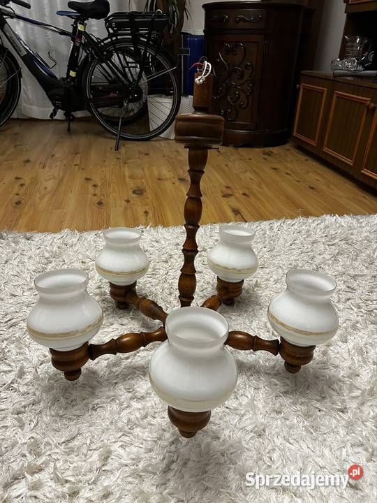 Żyrandol drewniany pięcioramienny PRL Plewiska sprzedam