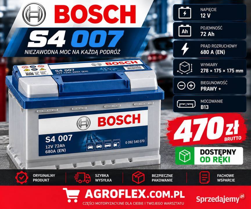 BOSCH S4 007 72Ah 680A 0 092 S40 070 Kochanów sprzedam
