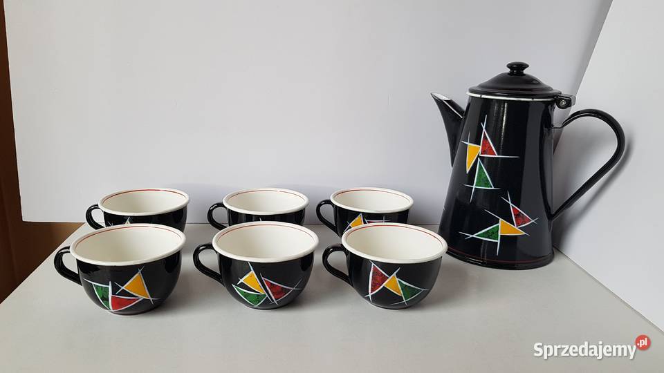 Zestaw emaliowany dzbanek 6 filiżanek Olkusz PRL Dąbrowa Górnicza