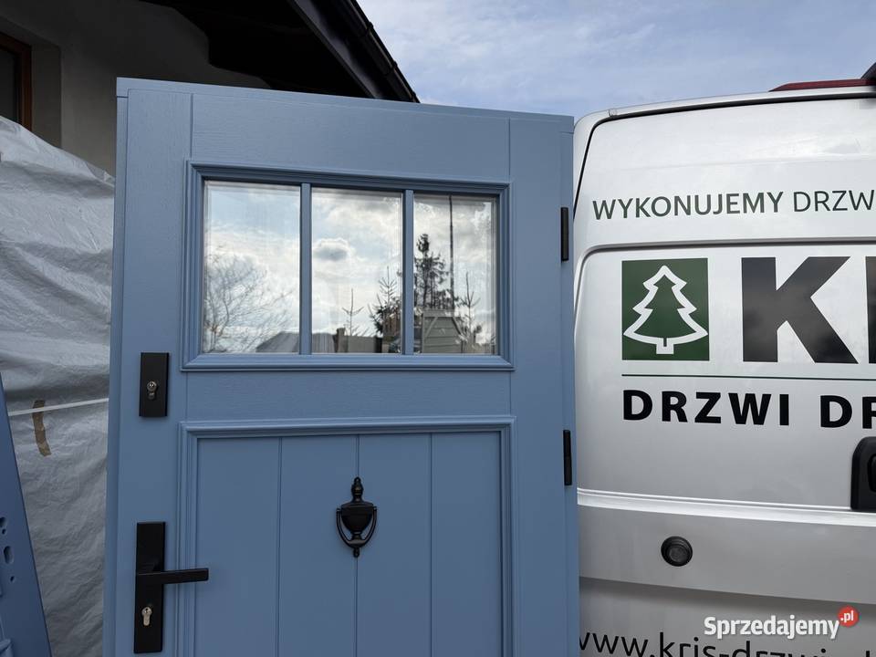 Drzwi zewnętrzne drewniane RĘKI niebieskie Kraków