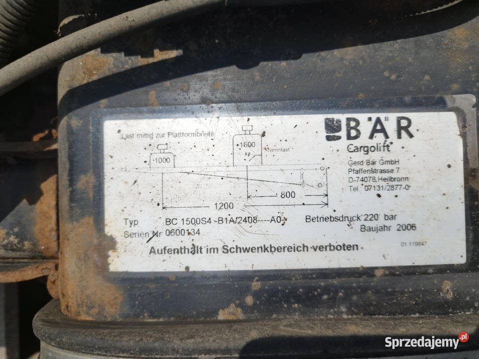 Winda załadowcza BAR Cargolift 1500 15t Strzyżew sprzedam
