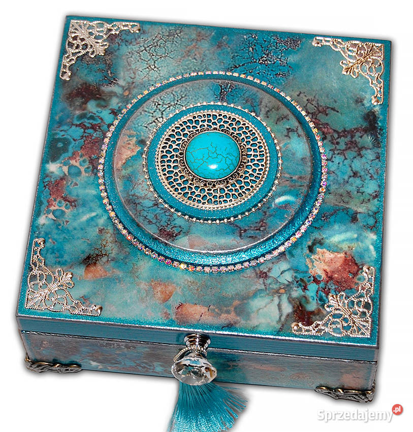 SZKATUŁKA drewniana HOWLIT blue turkus srebro Bydgoszcz