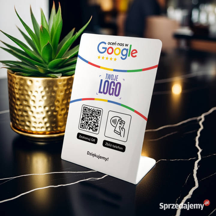 Stojak prezenter gięty z QR NFC i logo firmy do Sklep mazowieckie Warszawa