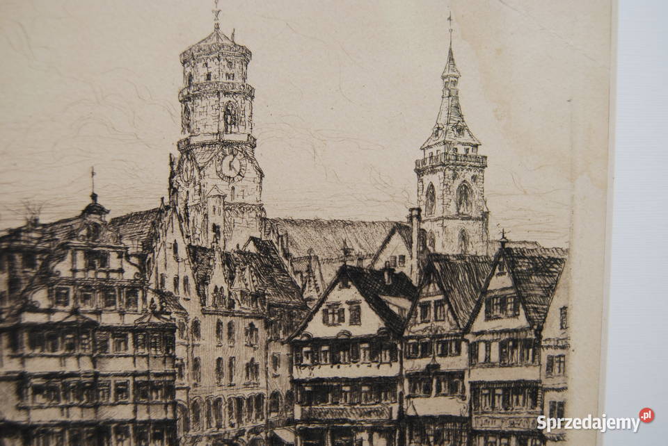 Stuttgart Stary rynek piękna akwaforta Poznań