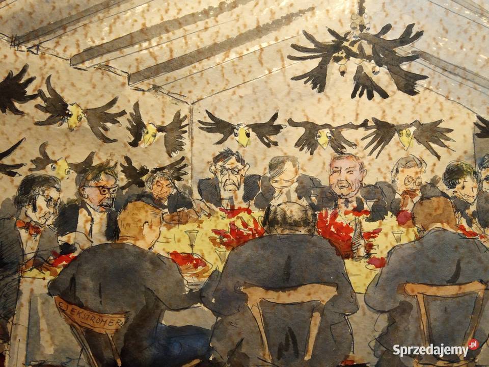 Stary obraz akwarela Uczta mięsna Nienajedzeni Kraków