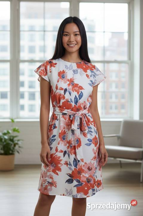Sukienka damska elegancka kwiaty falbana wiązana kolorowy Wieluń
