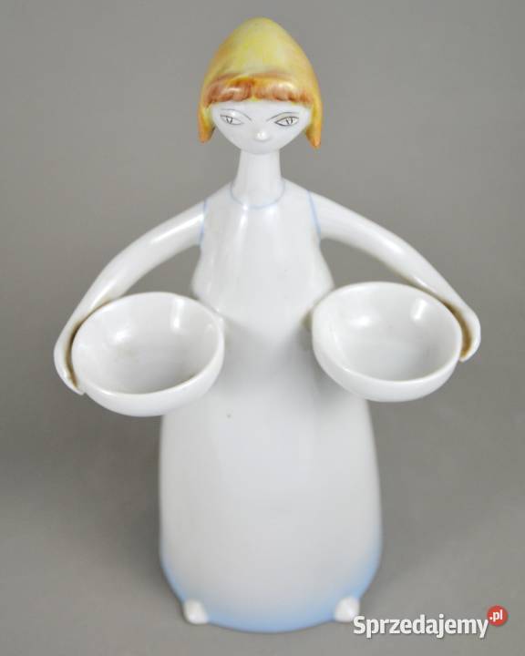 Look Kobieta z misami Hollohaza Węgry lata 60te Porcelana i szkło Bronisze