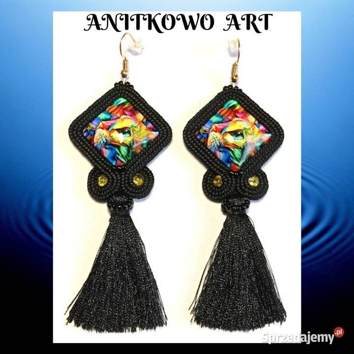 KOLCZYKI KWADRATY Z GRAFIKĄ KOTA czarne SUTASZ Warszawa