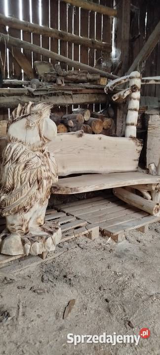 Ławka ogrodowa z rzeźbą rękodzieło Opatów