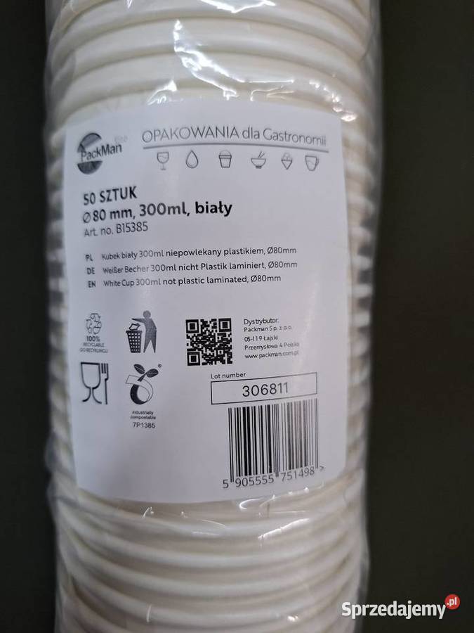 Kubek biały papierowy 300 ml 80 mm 50 sztuk nowe Łomża