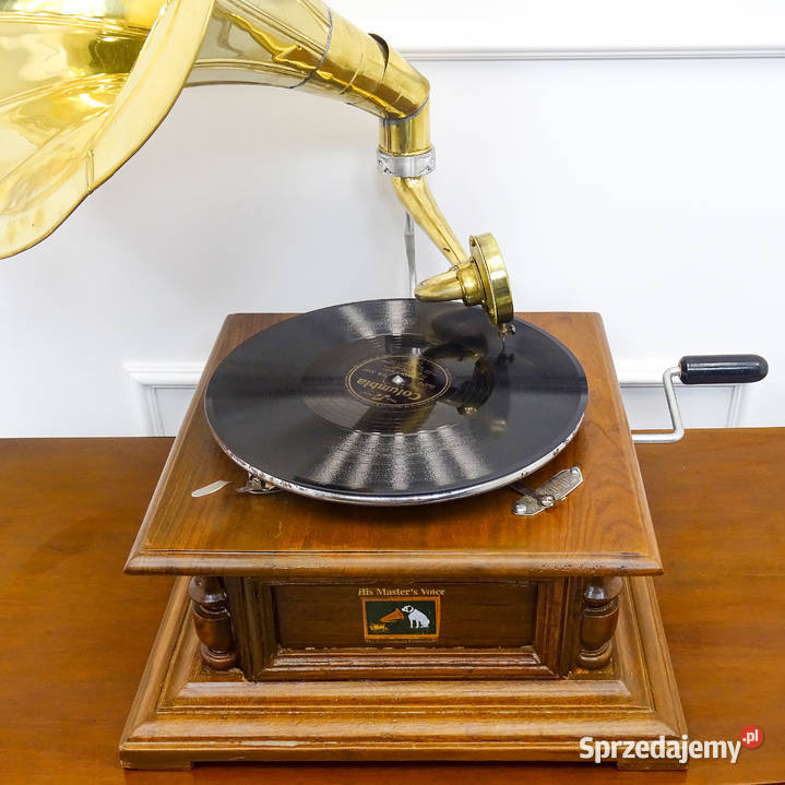 RETRO PATEFON HMV drewniana obudowa ZŁOTA TUBA Gramofony Kalisz
