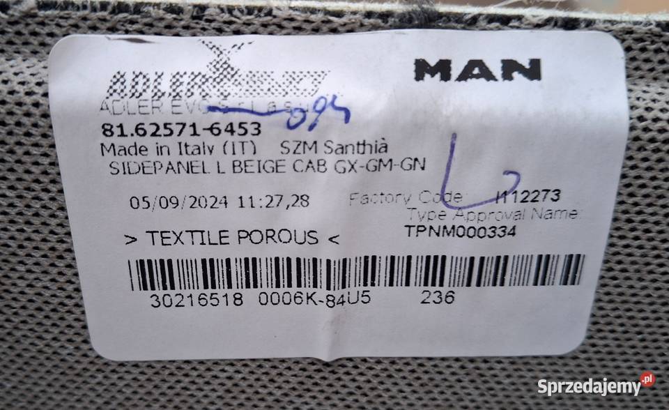 MAN TGX TG3 BOCZEK TAPICERKA KABINY SCIANA BOK Bieleń