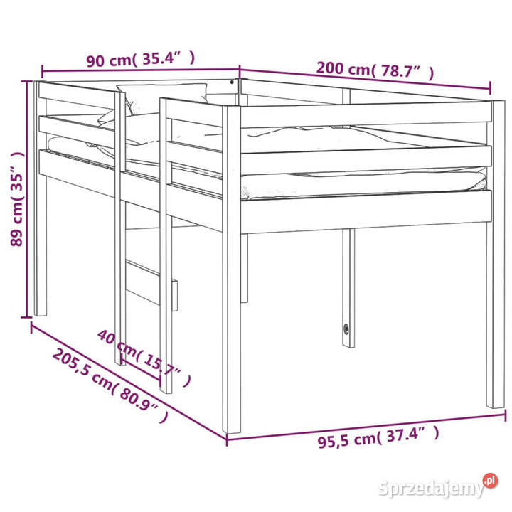Wysokie łóżko lite drewno sosnowe 90x200 Warszawa