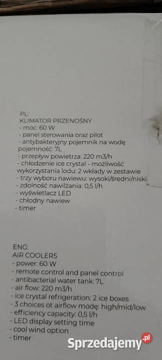Klimator przenośny moc 60 W Przeworno