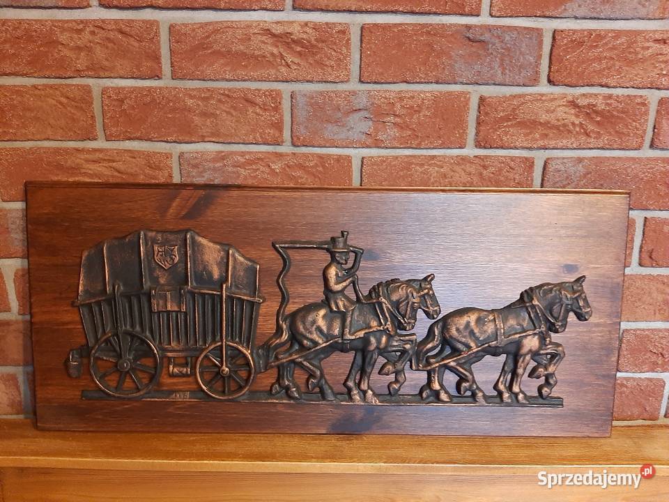 Płaskorzeźba odlew żeliwny Dyliżans Woźnica z