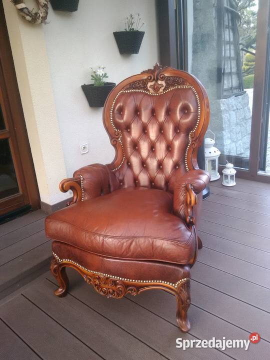 Fotel LudwikBarok Rzeźbione Skóra Antyk Stan