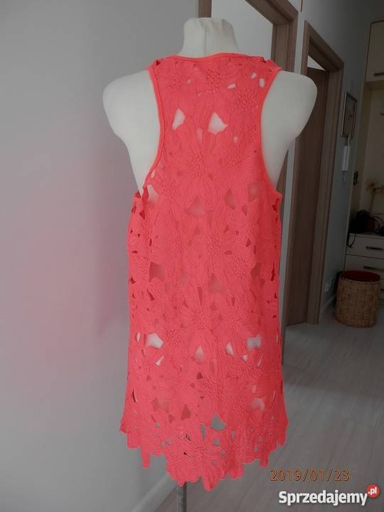 Sukienka Tunika Różowa Neonowa Fluo Koronka Plażowa by UK 42 Łomża -  
