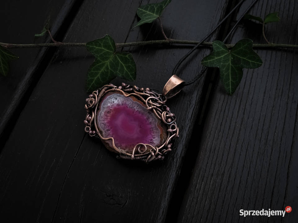 Unikatowy wisior z różowym agatem miedź Kraków sprzedam