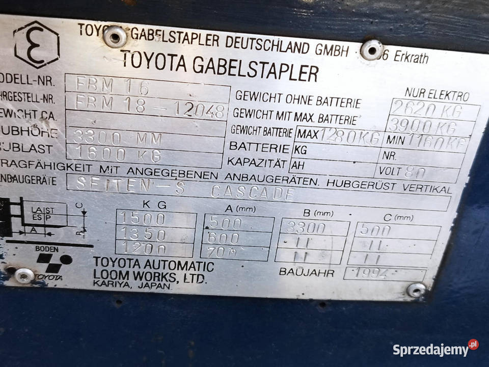 Wózek widłowy Eklektyczny Toyota FBM 16 80V Toyota Wózki widłowe wielkopolskie Strzyżew