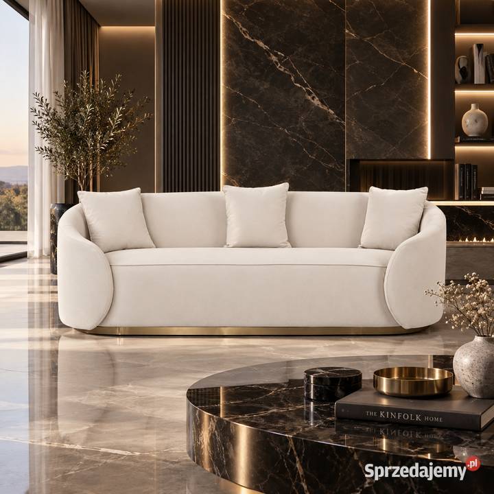 Sofa glamour welurowa biała 220 ze złotą Sofy i kanapy Golkowice