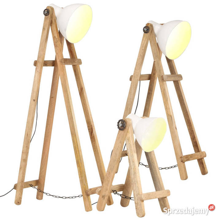 Lampy podłogowe 3 białe E27 lite drewno mango mazowieckie