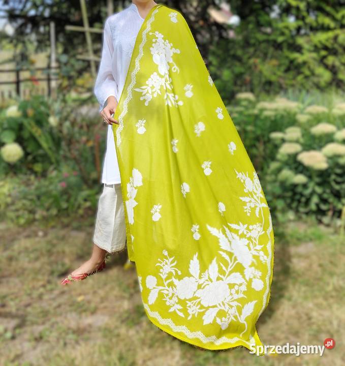 Duża zielona chusta dupatta szal bawełna kwiaty Szczecin