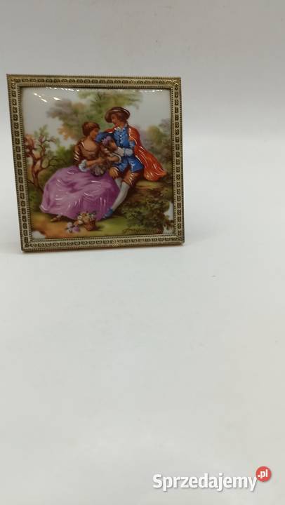 Zabytkowy kafel oprawiony w metal wiedeńska Porcelana i szkło lubelskie Zamość