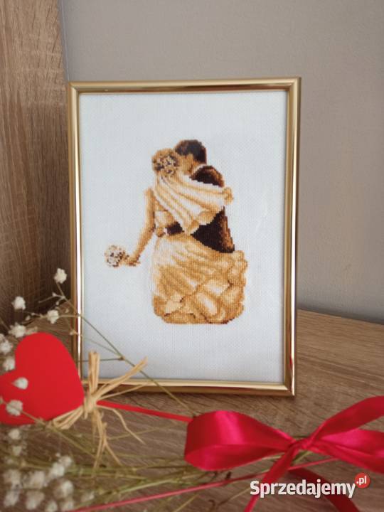 Pamiątka ślubu haft krzyżykowy rękodzieło Ślub odcienie brązowego warmińsko-mazurskie Olsztyn
