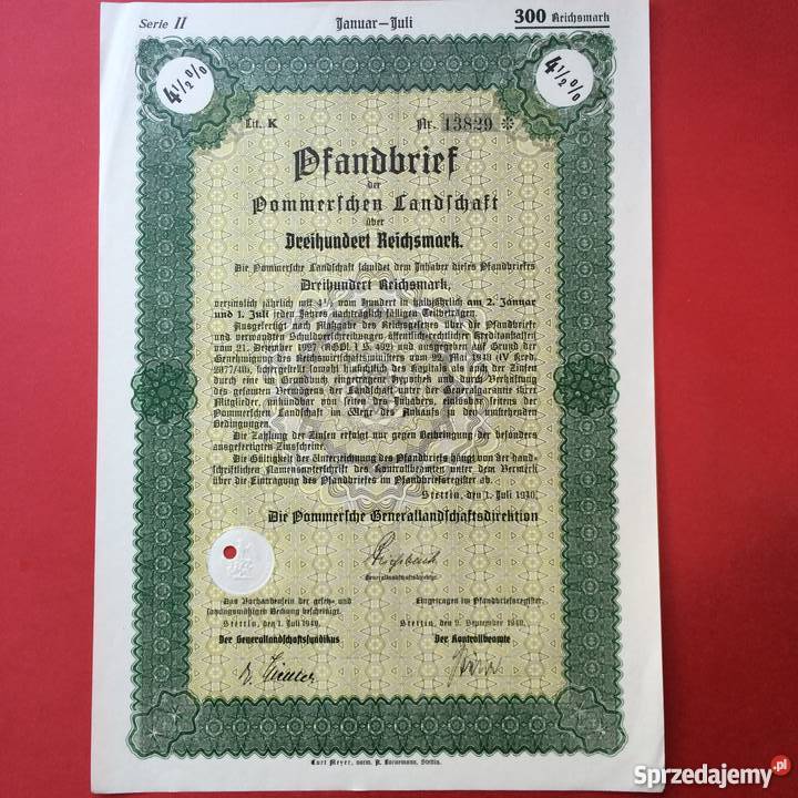 19 Papiery wartościowe 300 reichsmark Szczecin