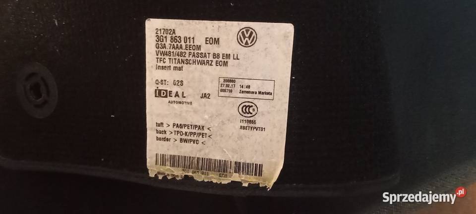 Dywaniki welurowe VW passat B8 Arteon 3G1863011 Głodowo
