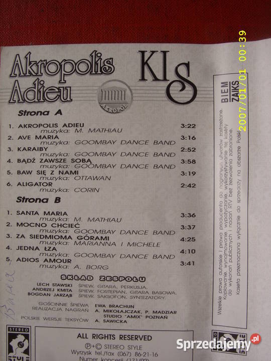 Dance kaseta KisAkropolis adieu Stereo 1992 Wołów