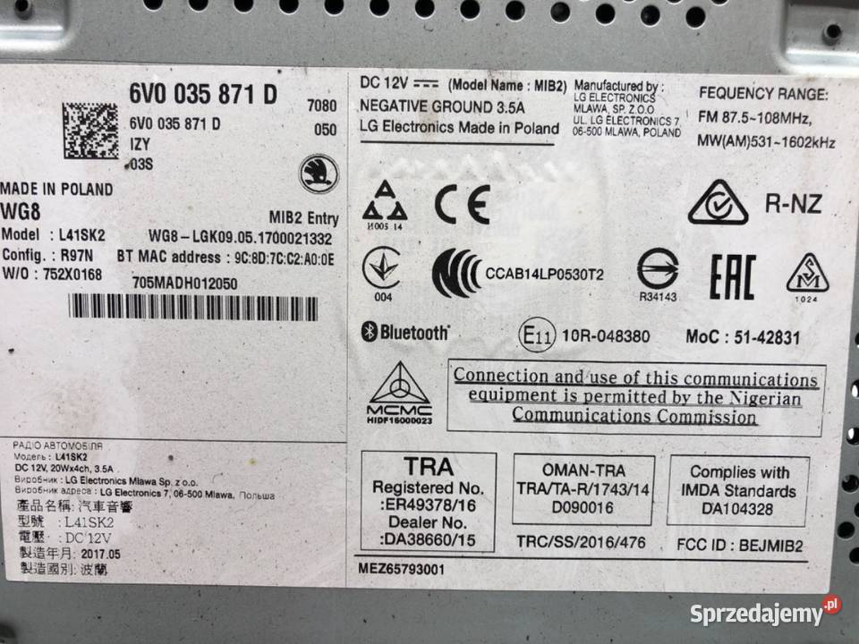 RADIO SKODA FABIA III 6V0035871D ODTWARZACZ sprzedam