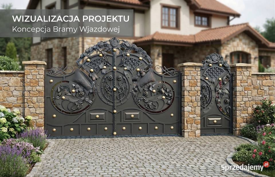 Nowoczesna kuta brama wjazdowa dwuskrzydłowa Cisownica