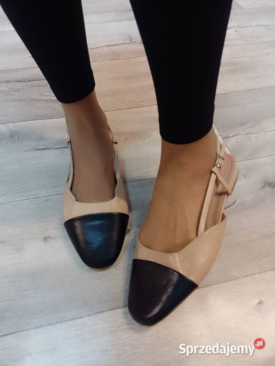 42 Beżowo czarne baleriny wieczorowe z odkrytą Kraków