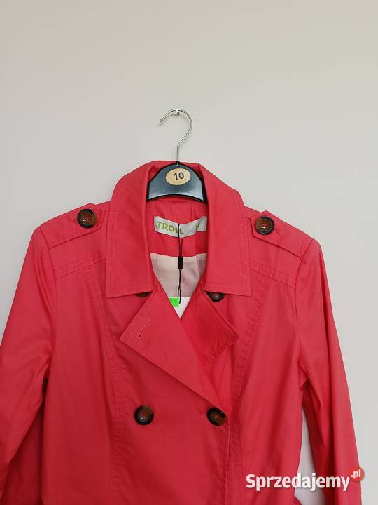 Damski Trencz Różowy z Paskiem Dwurzędowy