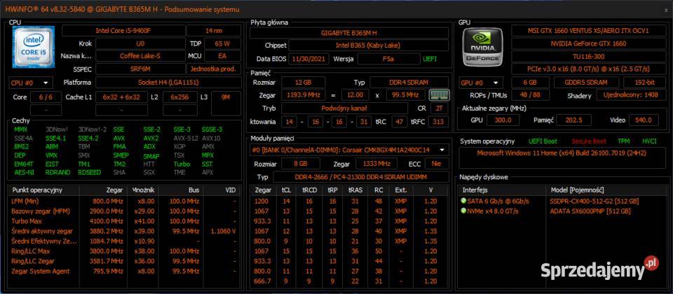Komputer gamingowy i512gb DDR4512gb M2GTX 1660be Koszalin sprzedam
