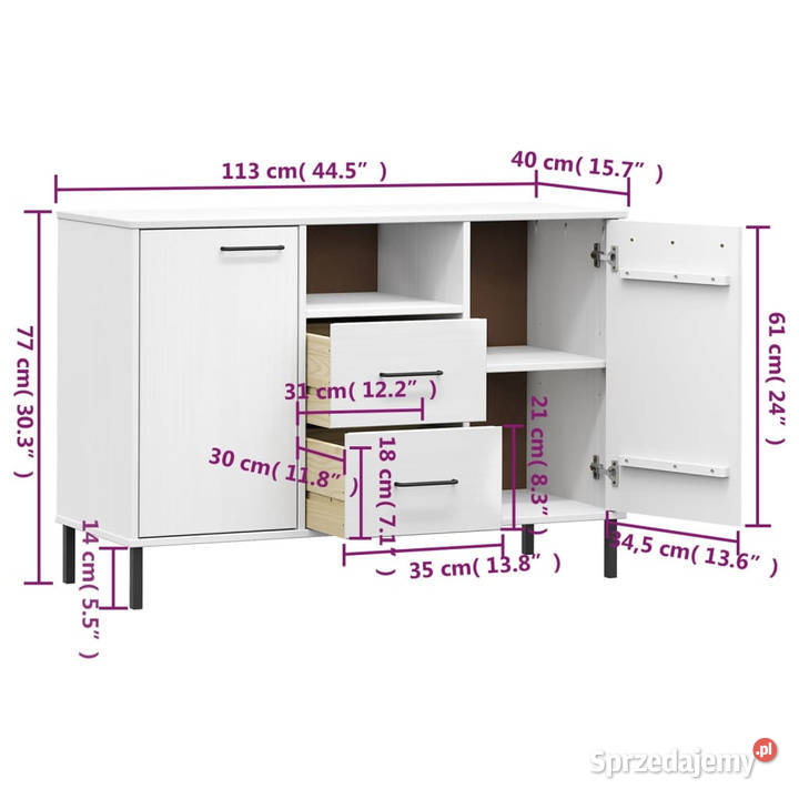 Komoda OSLO metalowe nóżki biała 113x40x77 lite Warszawa