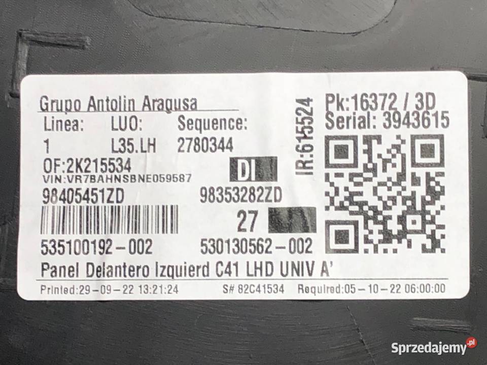 BOCZEK DRZWI LEWY PRZÓD CITROEN C4 III Hatchback