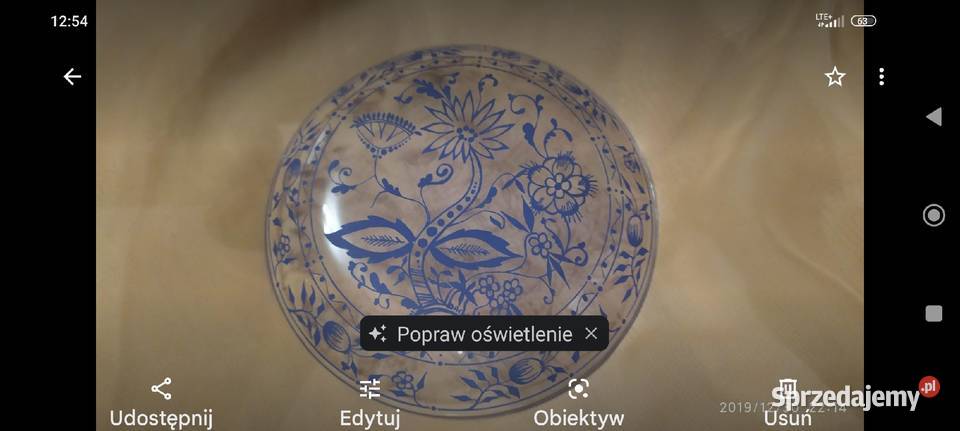 Duża patera i 6 talerzyków szkło cebulowe kobalt