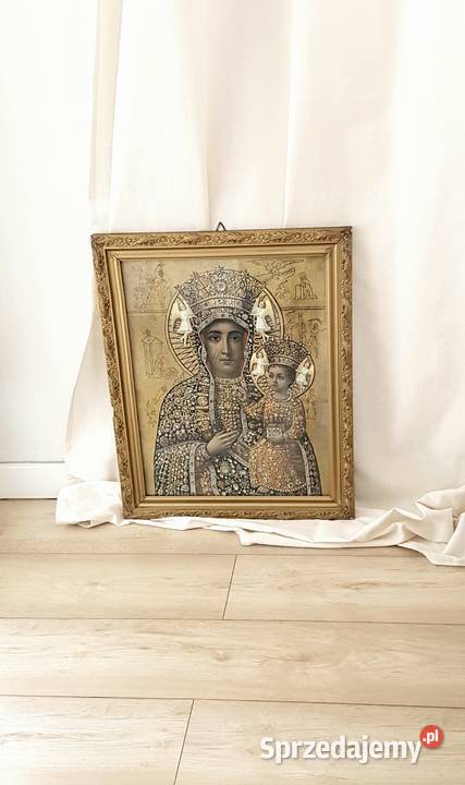 Stary duży obraz MB Częstochowskiej szkłem Ruda Śląska