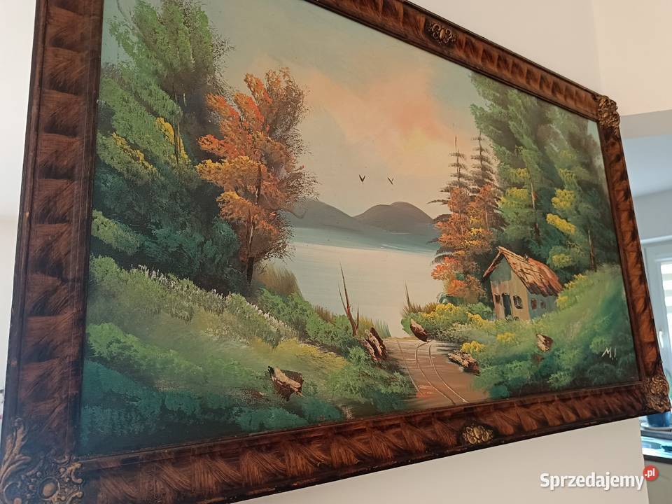 Obraz olejny na płótnie w pięknej ramie Górski Obrazki i obrazy