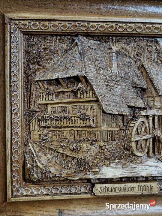 Oryginalna Drewniana Płaskorzeźba Vintage Poddębice