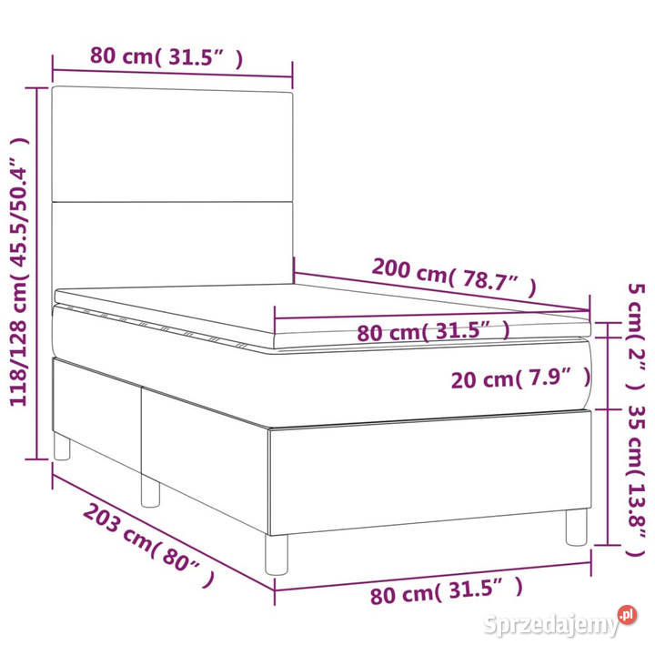 Łóżko kontynentalne z materacem i LED zielony 80cm