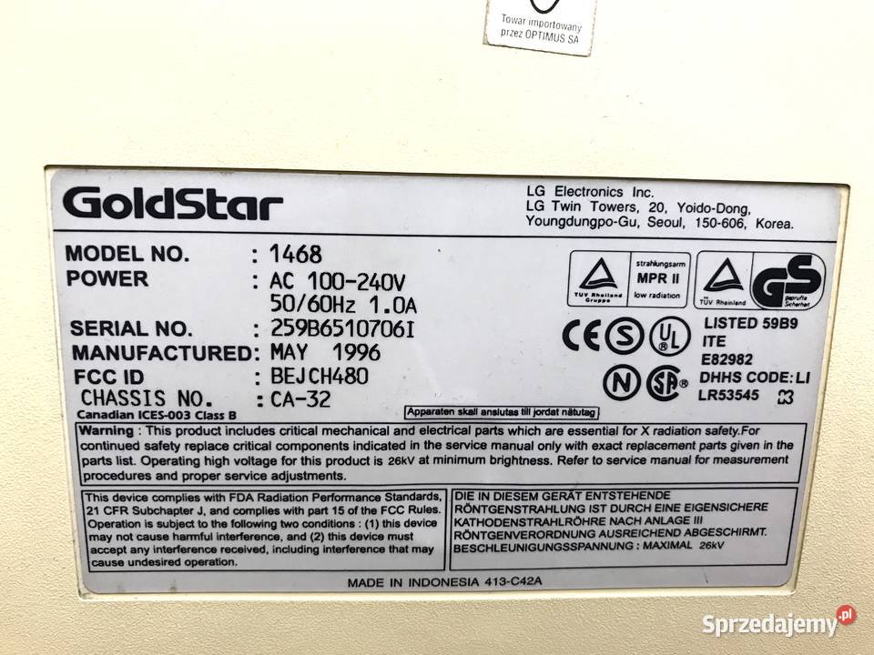 Monitor GoldStar model 1468 z 1996 roku Monitory i projektory Komputery i Akcesoria Łomża sprzedam